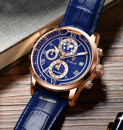Classic Chronograph Men's Quartz Wristwatch with Leather Strap