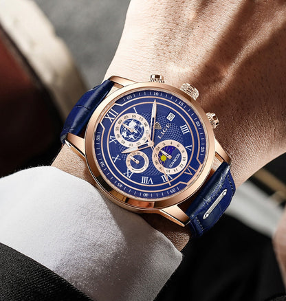 Classic Chronograph Men's Quartz Wristwatch with Leather Strap