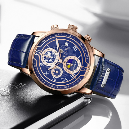 Classic Chronograph Men's Quartz Wristwatch with Leather Strap