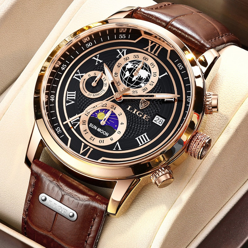 Classic Chronograph Men's Quartz Wristwatch with Leather Strap
