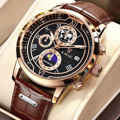 Classic Chronograph Men's Quartz Wristwatch with Leather Strap