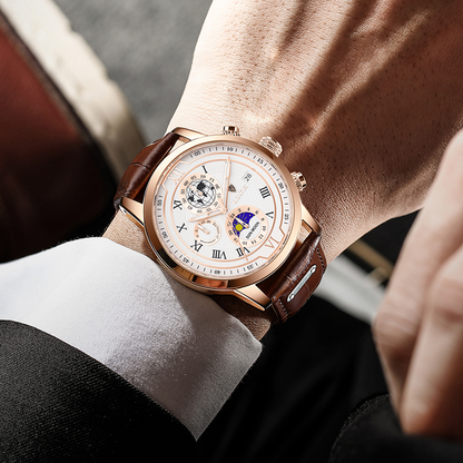 Classic Chronograph Men's Quartz Wristwatch with Leather Strap