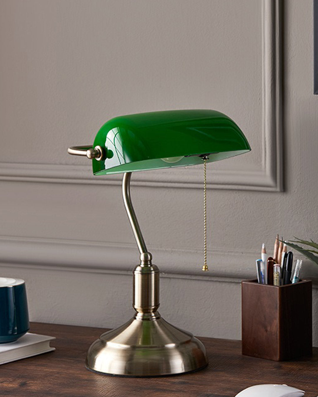 Classic Green Glass Banker Desk Lamp with Brass Finish