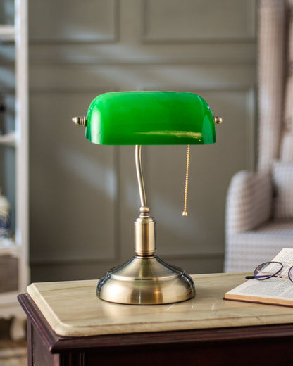 Classic Green Glass Banker Desk Lamp with Brass Finish