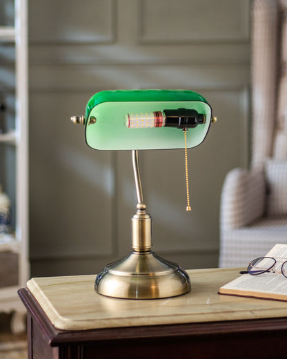 Classic Green Glass Banker Desk Lamp with Brass Finish