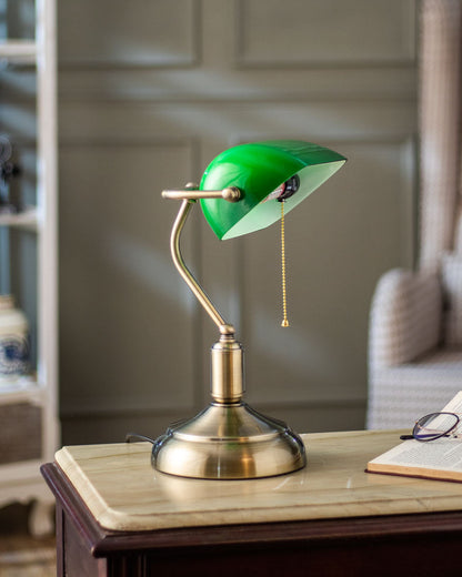 Classic Green Glass Banker Desk Lamp with Brass Finish
