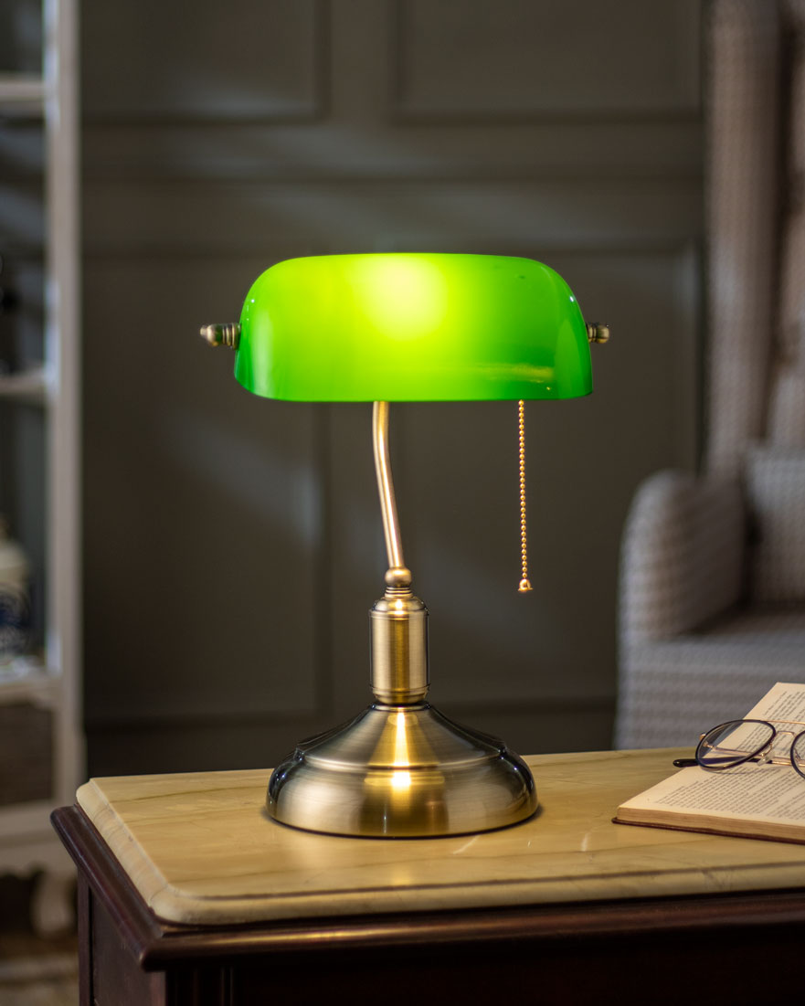 Classic Green Glass Banker Desk Lamp with Brass Finish