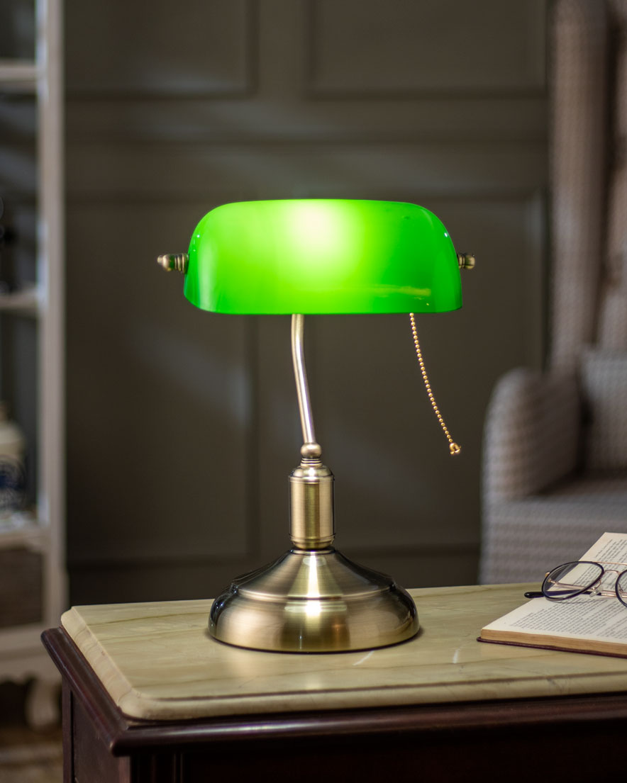Classic Green Glass Banker Desk Lamp with Brass Finish