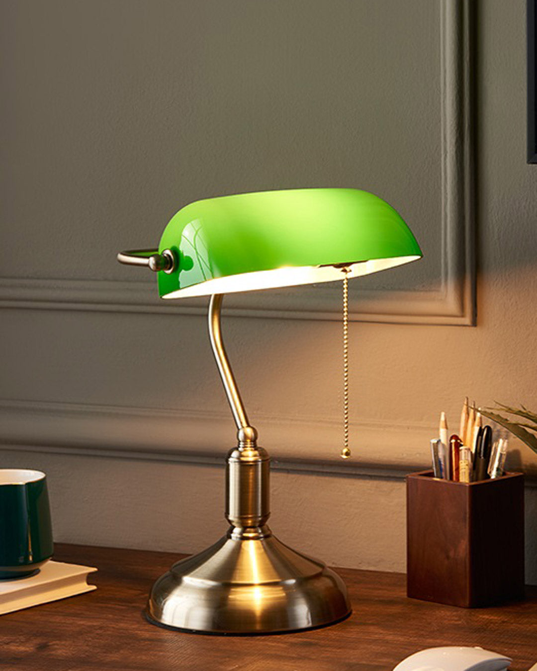 Classic Green Glass Banker Desk Lamp with Brass Finish