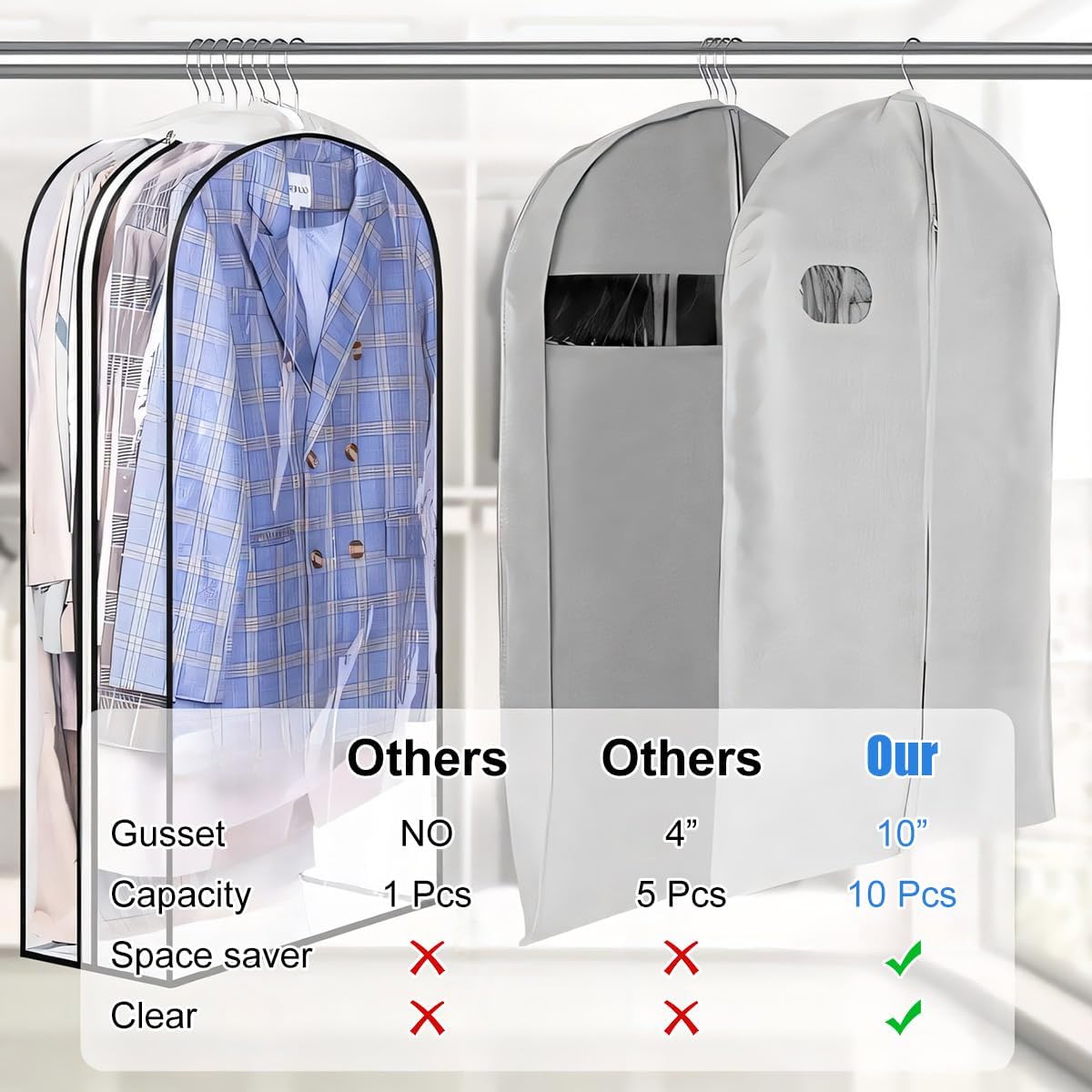 Clear Gusseted Garment Bags 3 Pack With Side Zipper