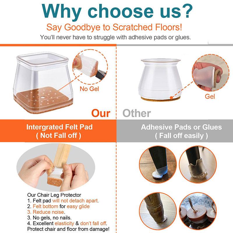 Clear Silicone Chair Leg Floor Protectors with Felt Pads