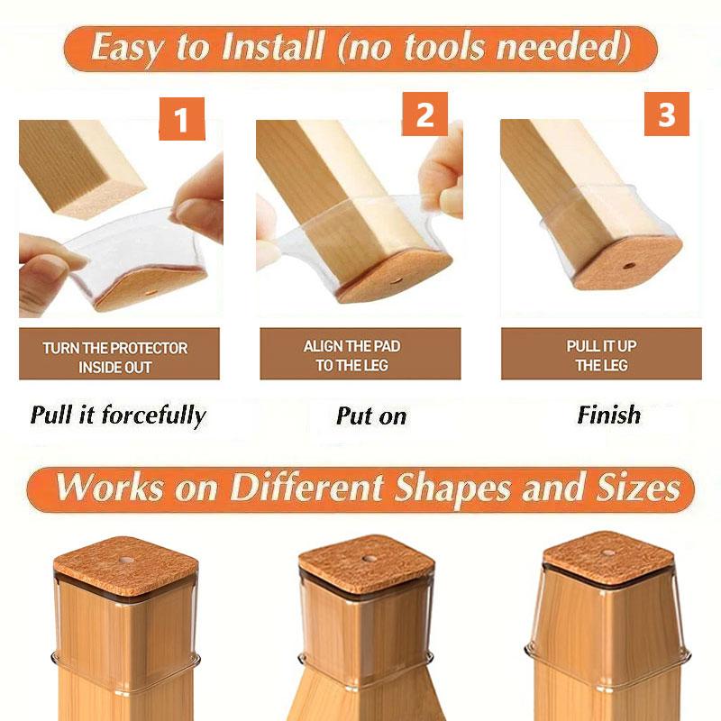 Clear Silicone Chair Leg Floor Protectors with Felt Pads