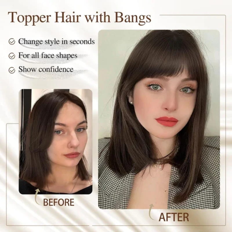 Clip In Hair Topper with Natural Bangs for Women