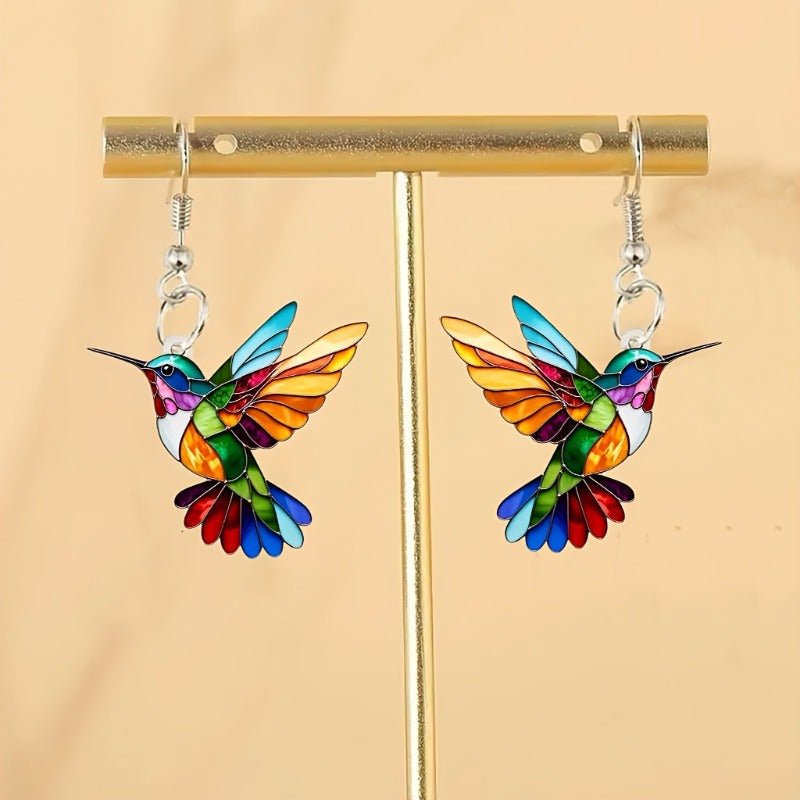 Colorful Hummingbird Dangle Earrings with Enamel Bird Design