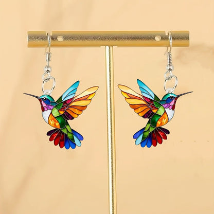 Colorful Hummingbird Dangle Earrings with Enamel Bird Design