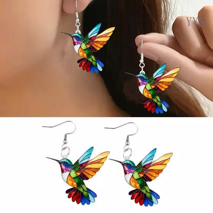 Colorful Hummingbird Dangle Earrings with Enamel Bird Design