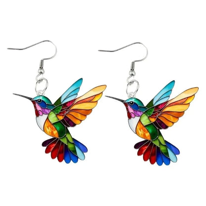 Colorful Hummingbird Dangle Earrings with Enamel Bird Design