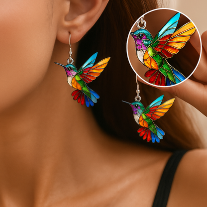 Colorful Hummingbird Dangle Earrings with Enamel Bird Design