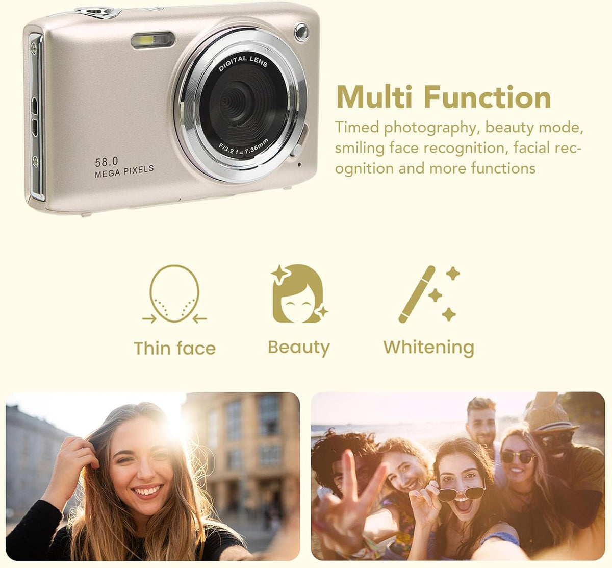 Compact 4K Digital Camera with 58MP Photos and 16X Digital Zoom