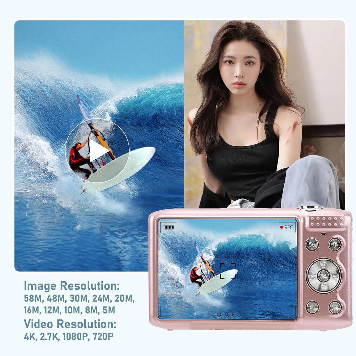 Compact 4K Digital Camera with 58MP Photos and 16X Digital Zoom