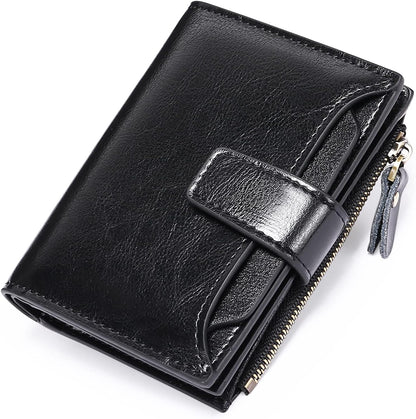 Compact Genuine Leather RFID Blocking Wallet with Card Organizer