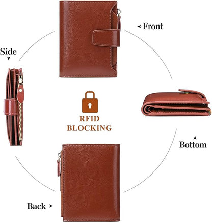 Compact Genuine Leather RFID Blocking Wallet with Card Organizer