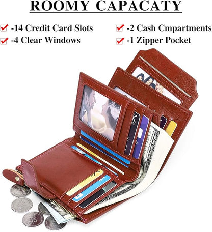 Compact Genuine Leather RFID Blocking Wallet with Card Organizer