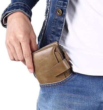 Compact Genuine Leather RFID Blocking Wallet with Card Organizer