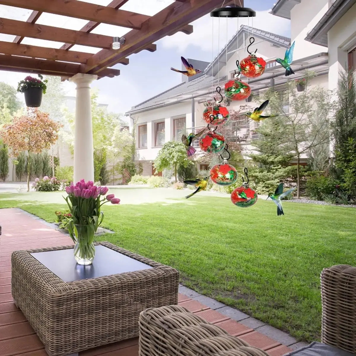 Decorative Hummingbird Feeder with Hanging Wind Chime