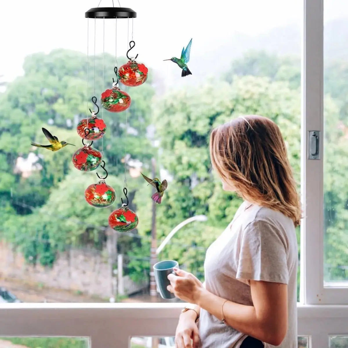 Decorative Hummingbird Feeder with Hanging Wind Chime