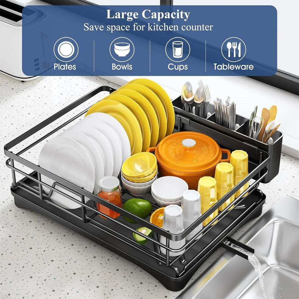 Dish Drying Rack with Drainboard and Removable Cutlery Holder