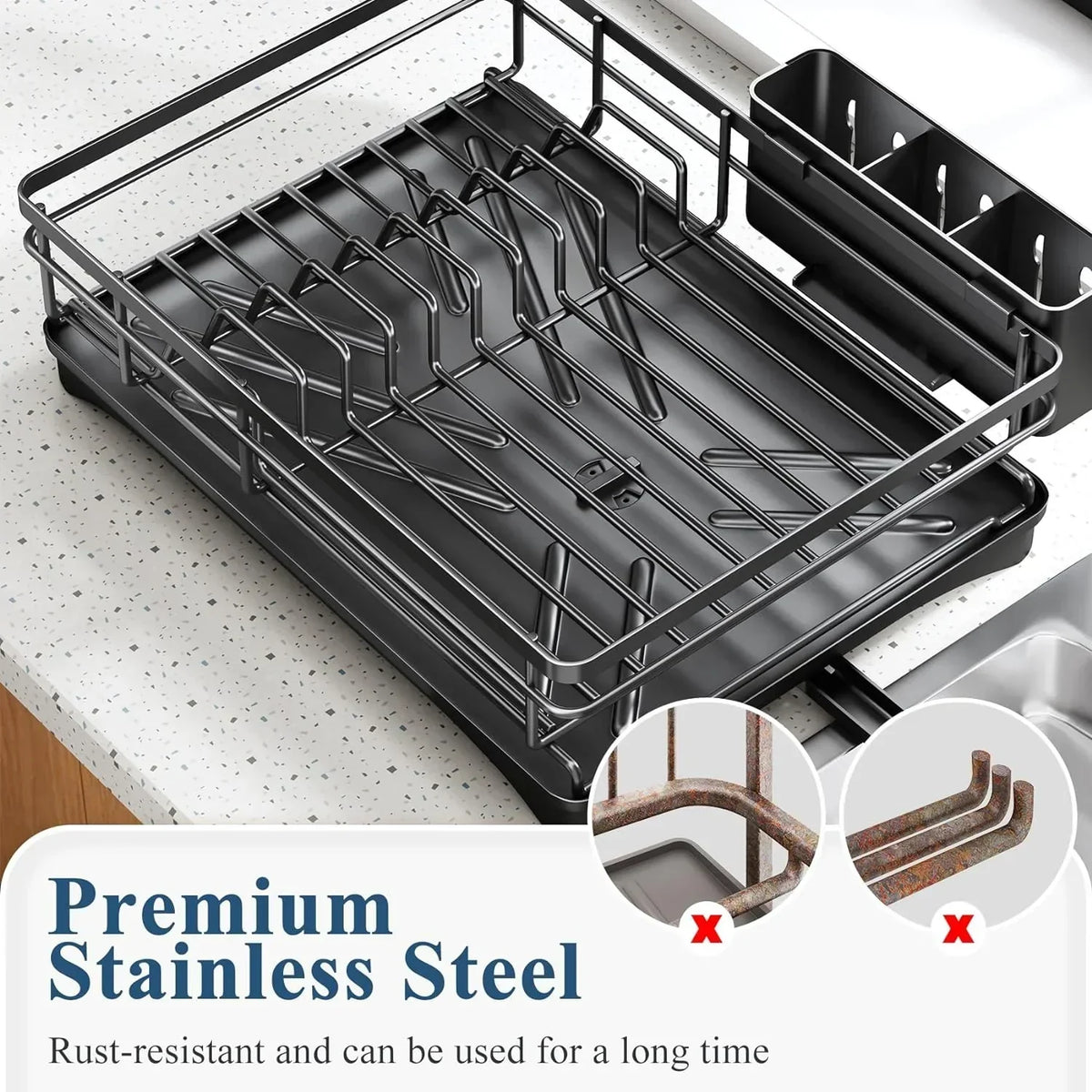 Dish Drying Rack with Drainboard and Removable Cutlery Holder