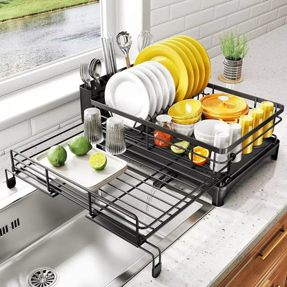 Dish Drying Rack with Drainboard and Removable Cutlery Holder
