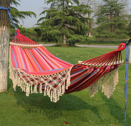 Double Cotton Canvas Camping Hammock with Wooden Spreader Bars