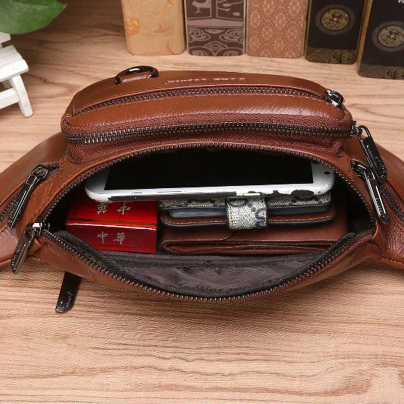 Genuine Cowhide Leather Waist Bag Large Capacity Crossbody Pack