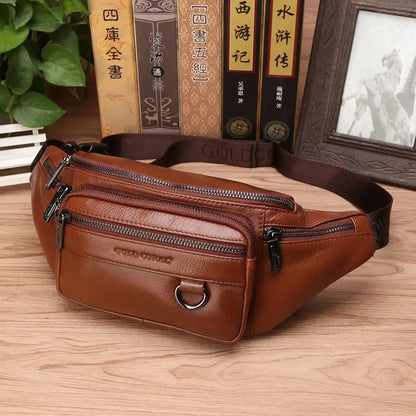 Genuine Cowhide Leather Waist Bag Large Capacity Crossbody Pack