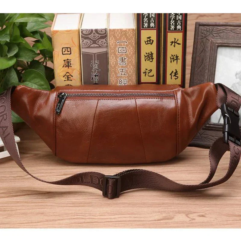 Genuine Cowhide Leather Waist Bag Large Capacity Crossbody Pack