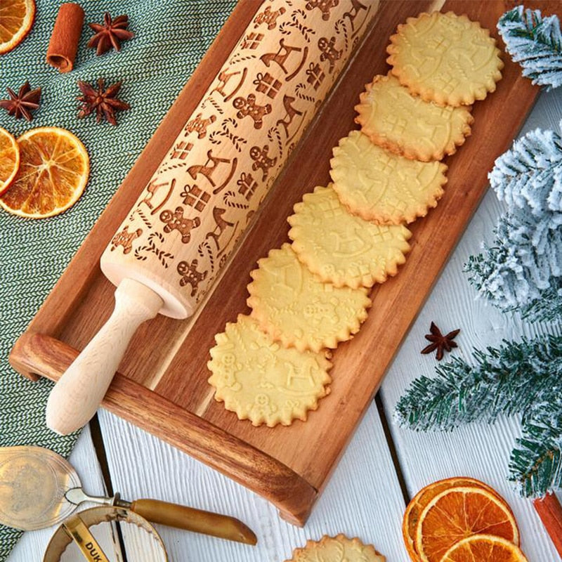 Engraved Wooden Rolling Pin For Decorative Cookies