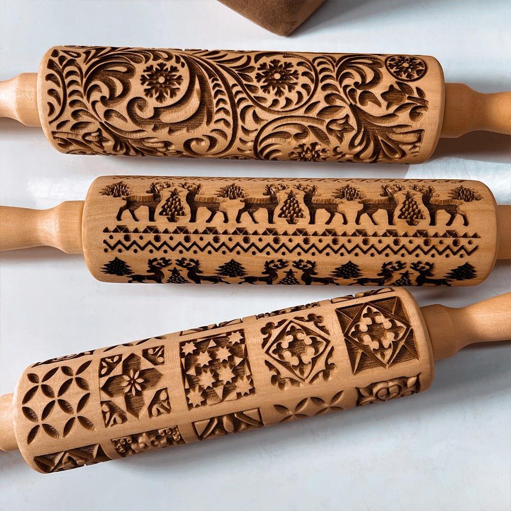 Engraved Wooden Rolling Pin For Decorative Cookies