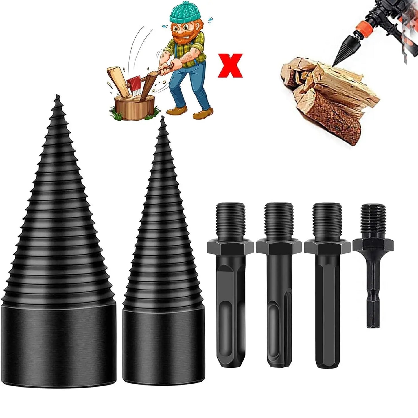 Firewood Splitting Drill Bit Set with 4 Shank Adapters