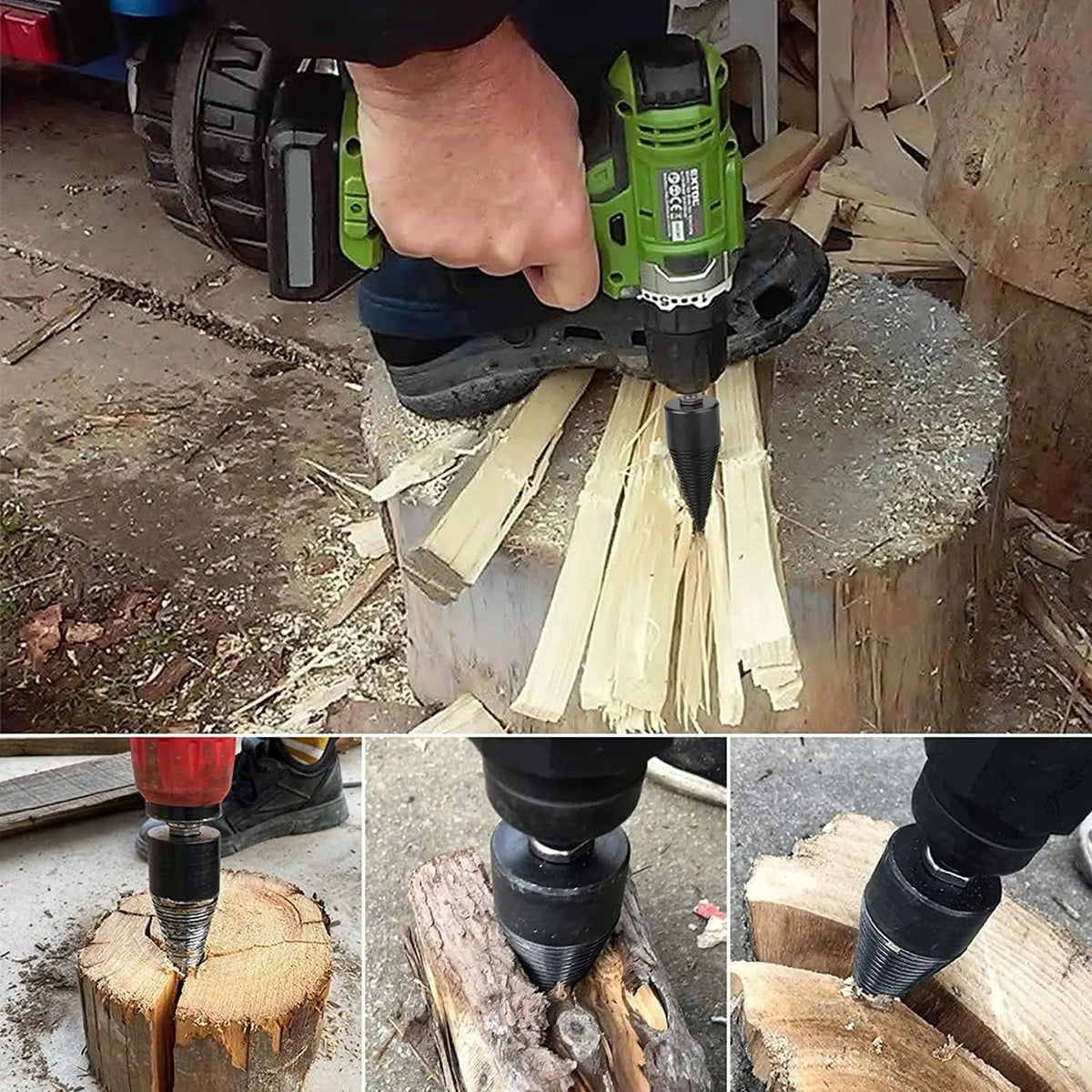 Firewood Splitting Drill Bit Set with 4 Shank Adapters