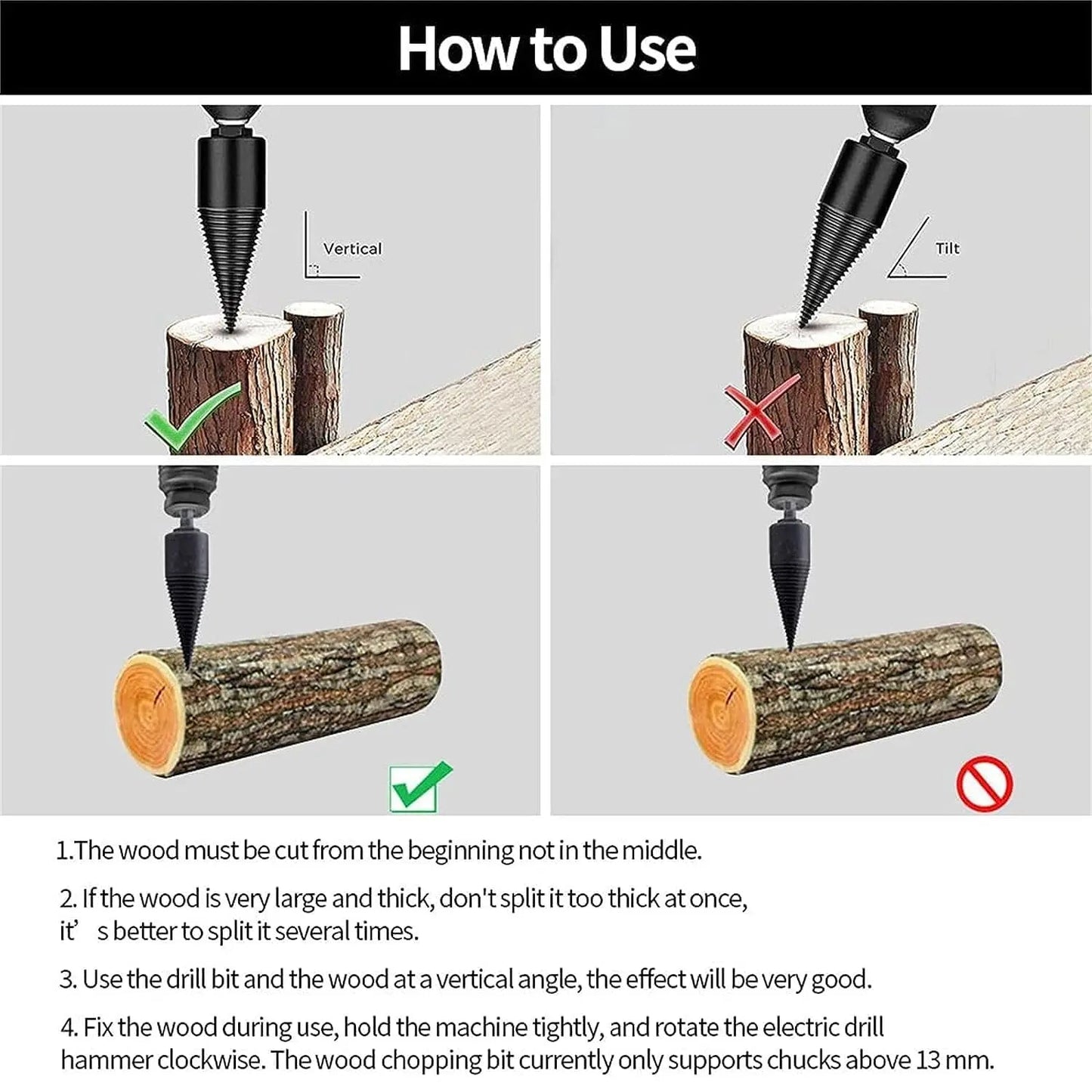 Firewood Splitting Drill Bit Set with 4 Shank Adapters