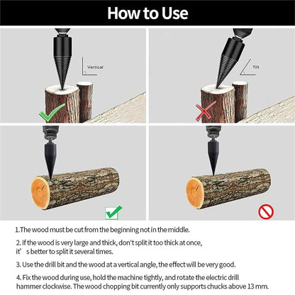 Firewood Splitting Drill Bit Set with 4 Shank Adapters