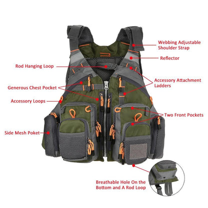 Fishing Life Vest with Multi Pocket Storage and Adjustable Fit