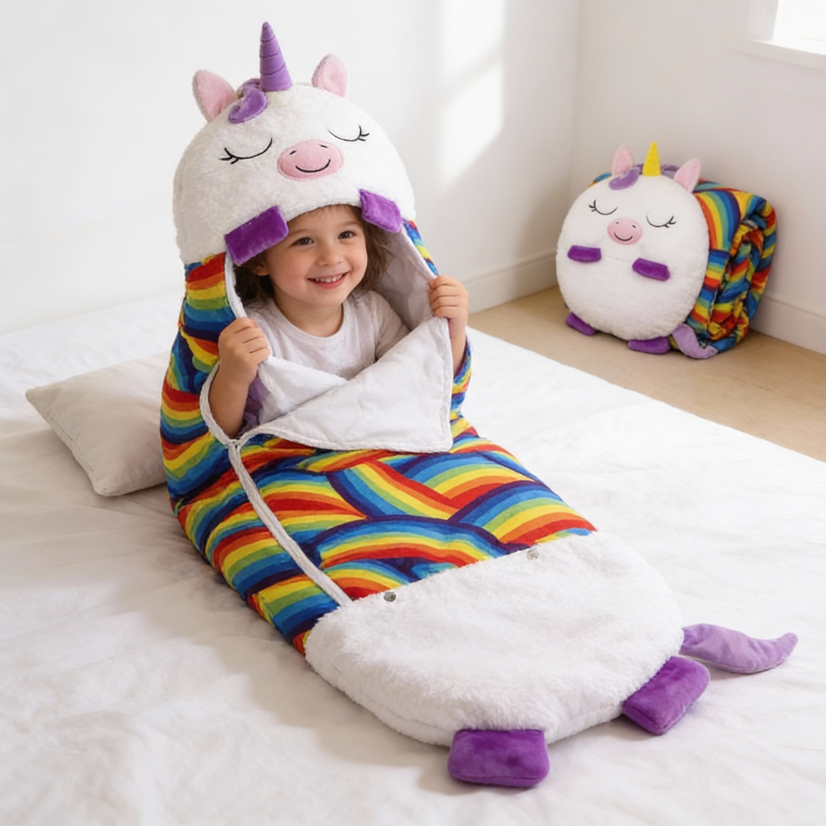 Foldable Animal Shape Kids Sleeping Bag Soft Plush Portable Nap Mat for Travel Sleepover Comfort