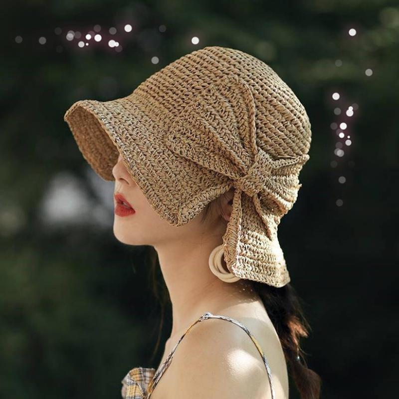 Foldable Straw Sun Hat with Bow for Women