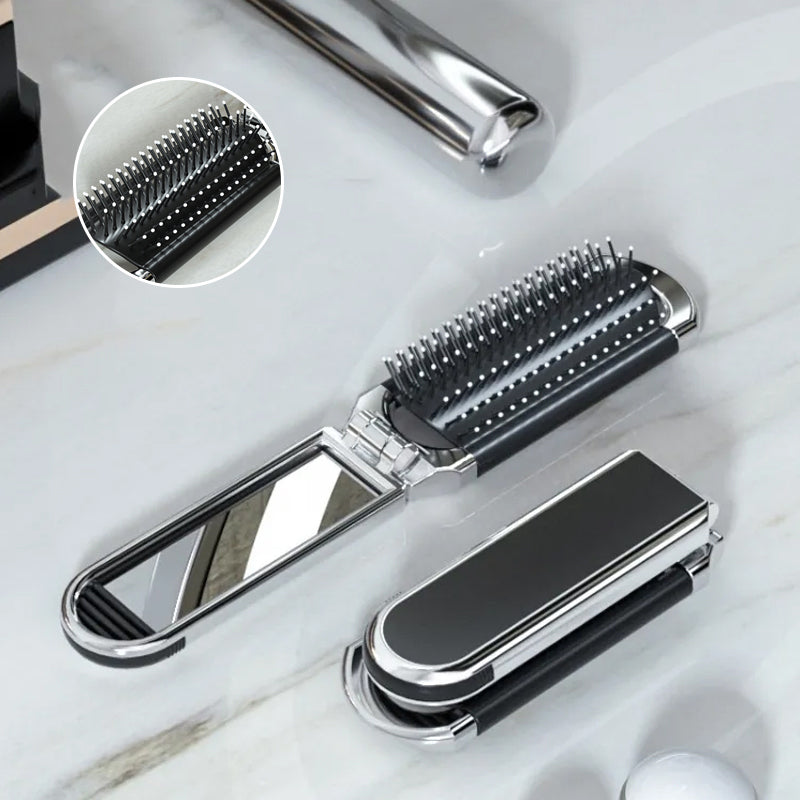 Foldable Travel Hair Brush with Mirror Compact Styling Brush