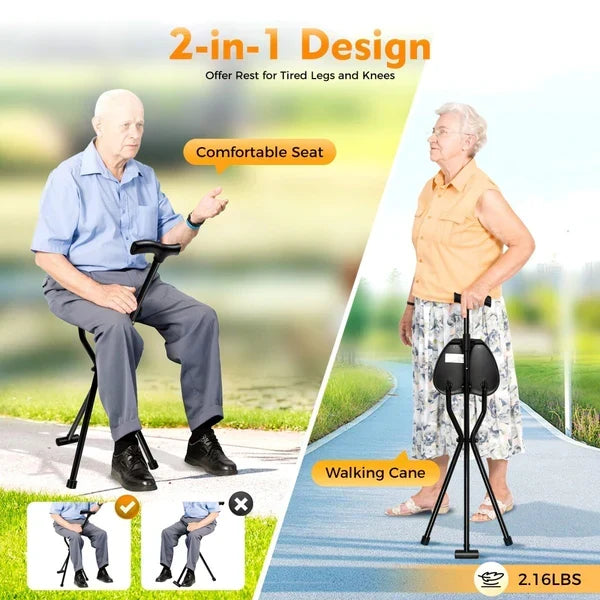 Foldable Walking Stick Seat Cane For Rest Support