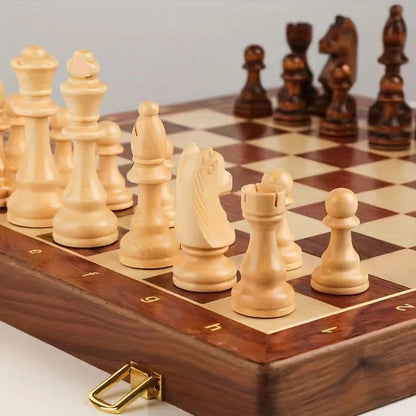 Foldable Wooden Chess Set with Handcrafted Pieces