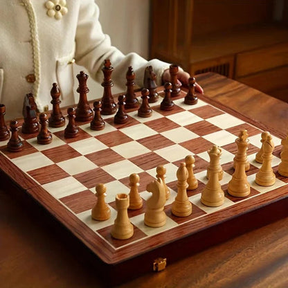 Foldable Wooden Chess Set with Handcrafted Pieces